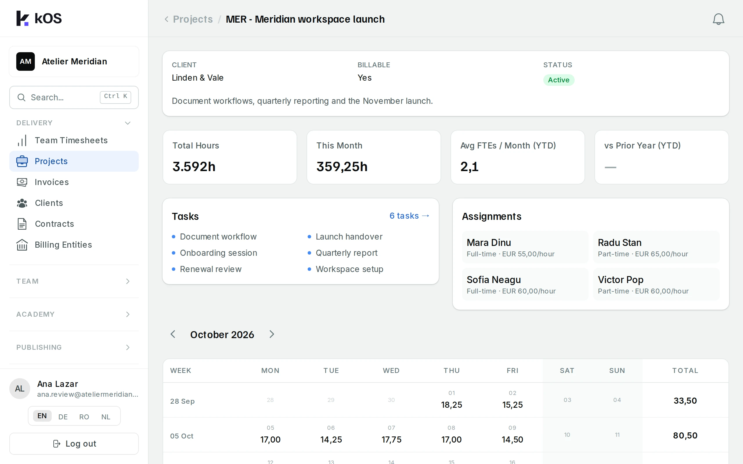 Workspace launch project, client and logged hours