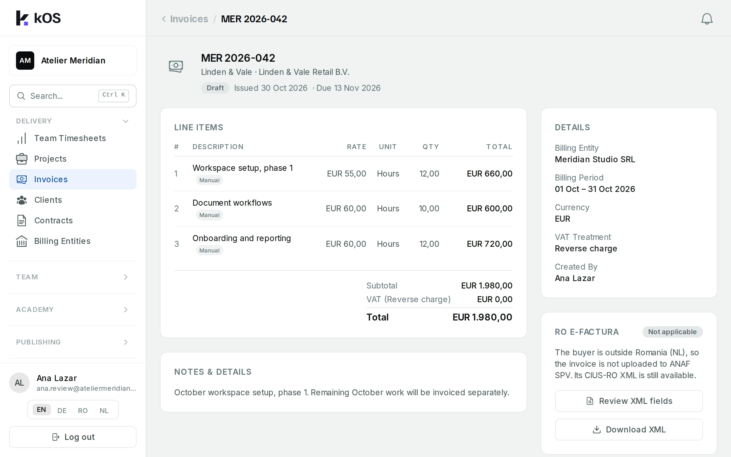 Invoice line items, total and Draft status