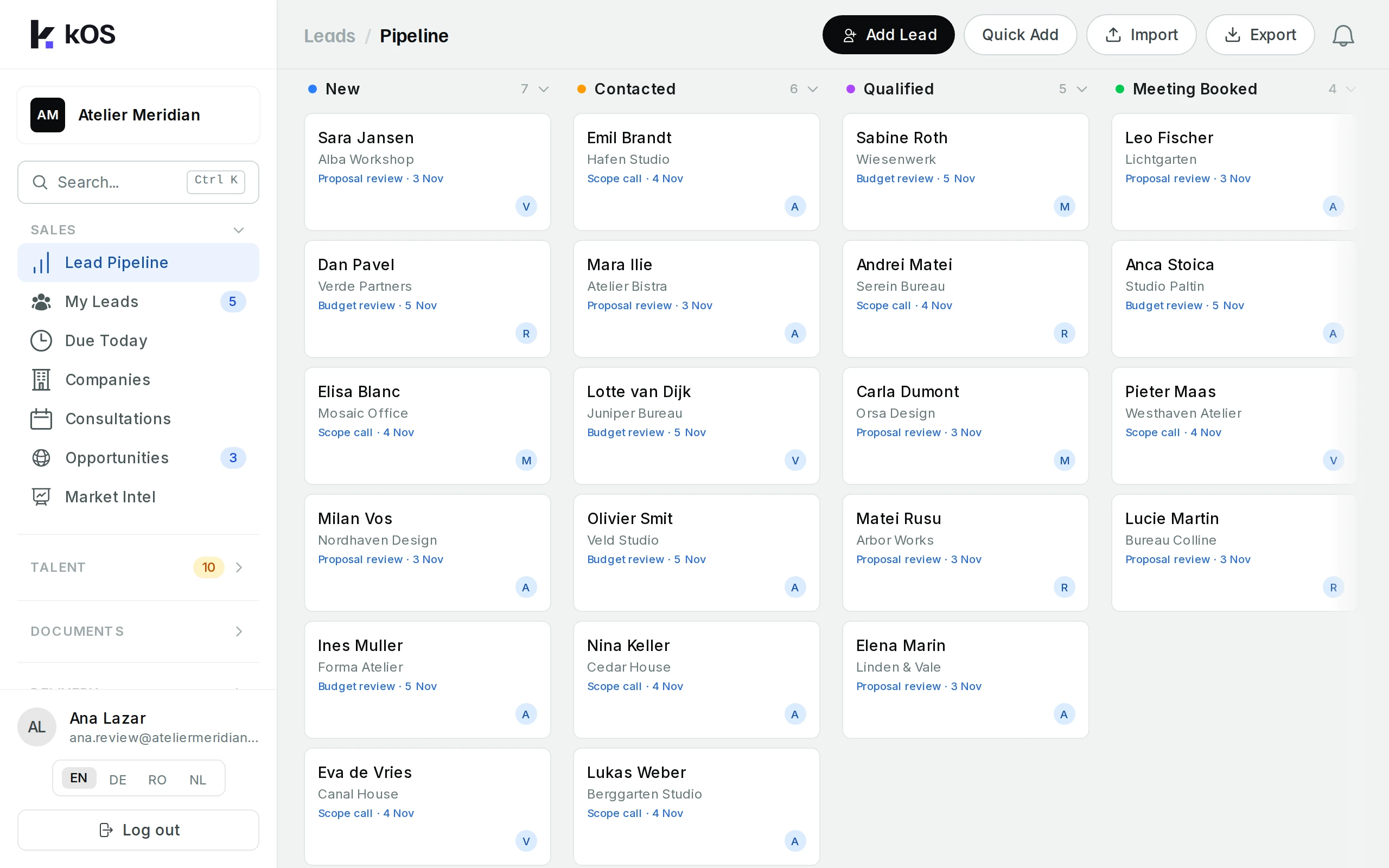 Lead pipeline with prospects and scheduled follow-ups
