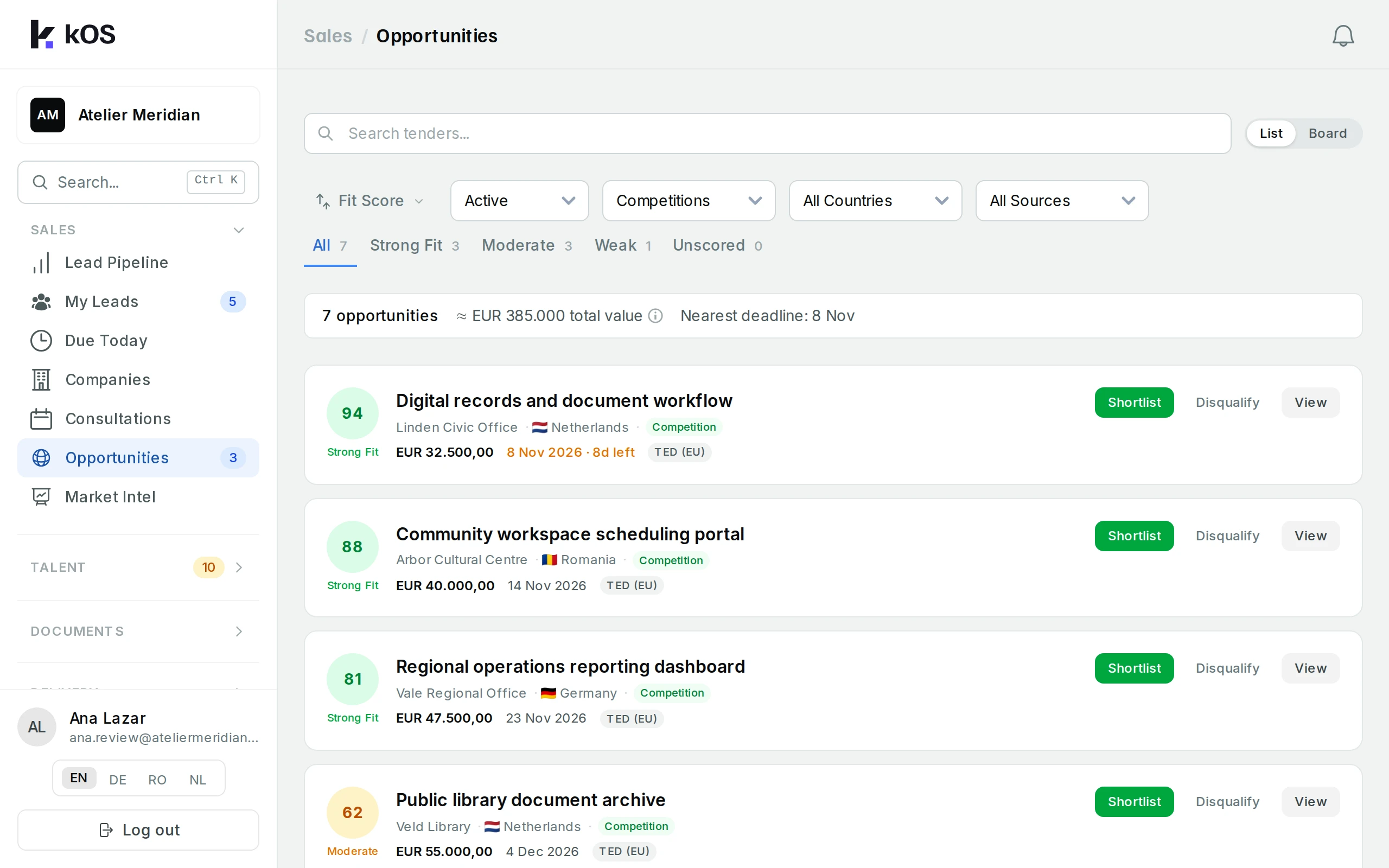 Document workflow tender, deadline and Strong Fit score