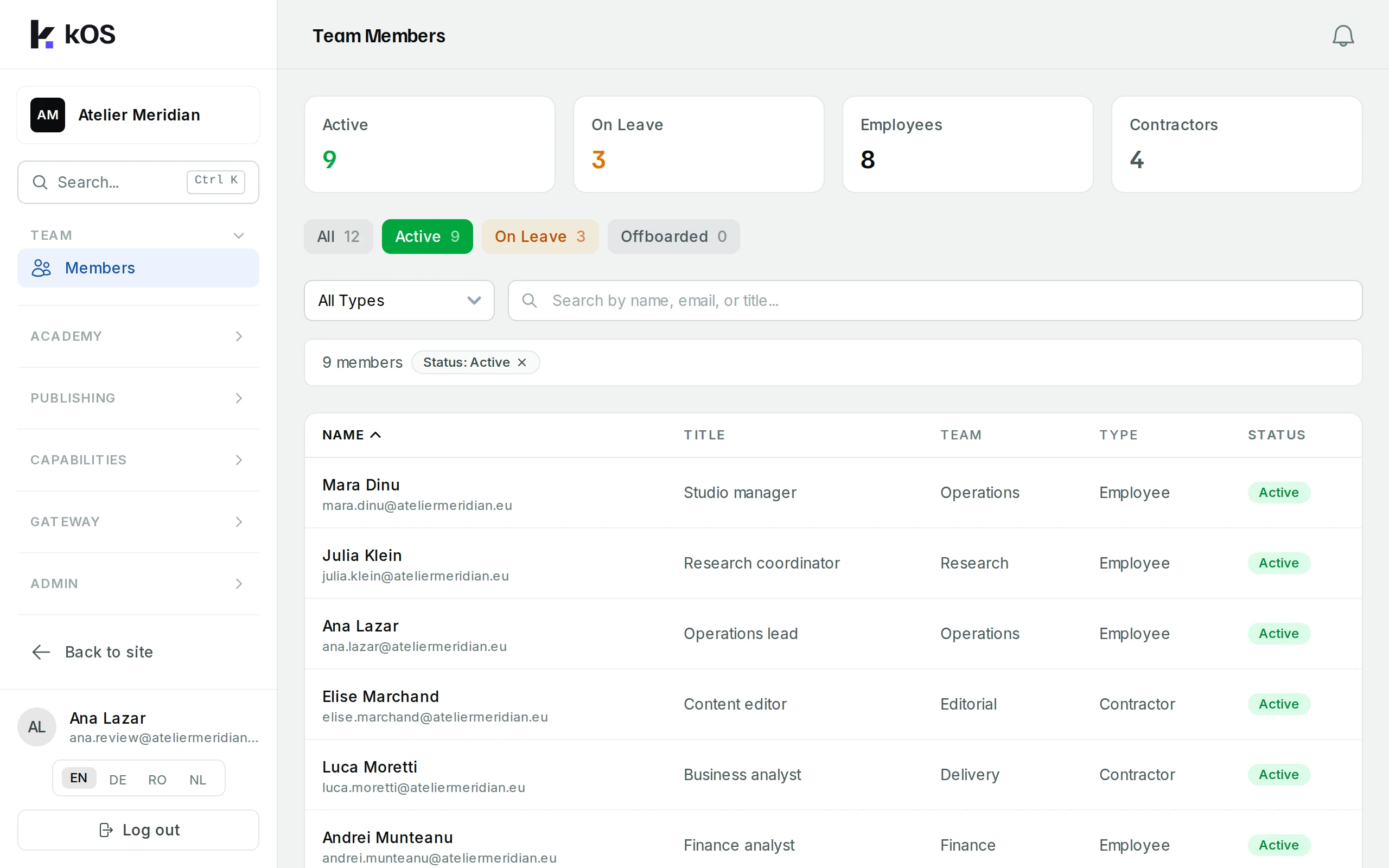 Team roles and working details