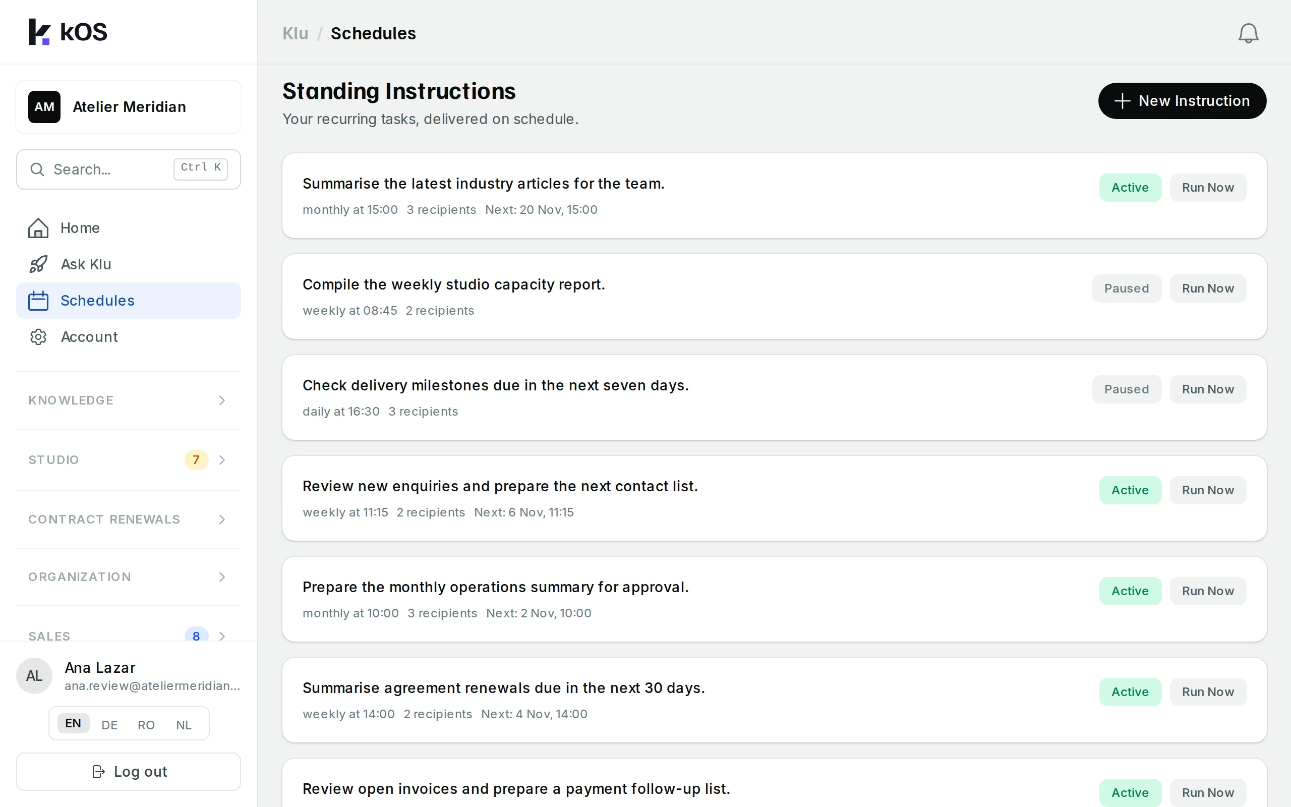 Standing instructions with cadence, recipients and next run